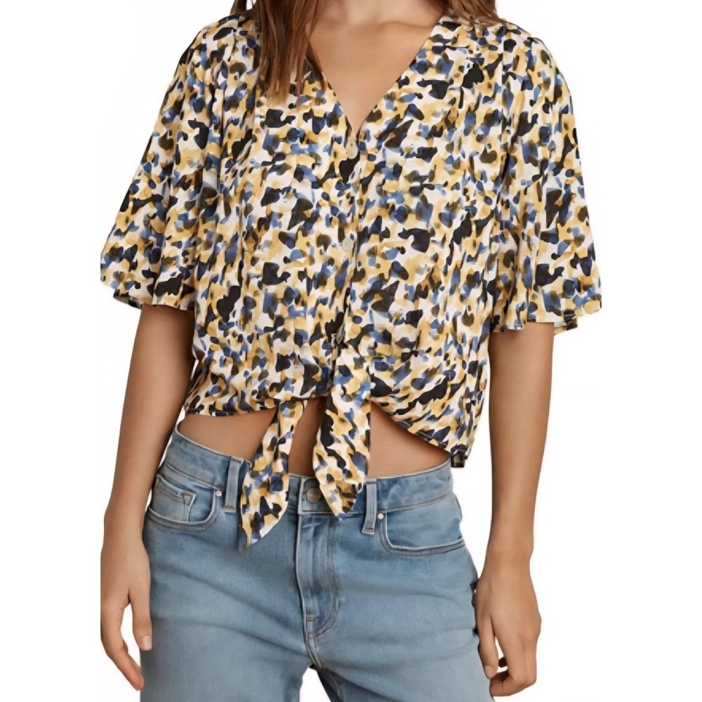 Velvet by Graham & Spencer Yellow Blue Abstract Print Tie Front Blouse S